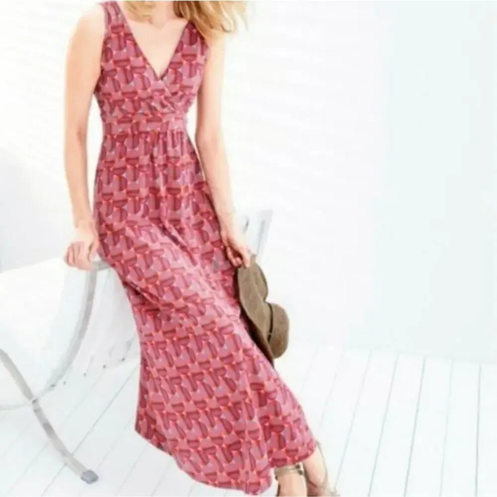 Garnet Hill Modern Geo Surplice Maxi Dress Women's Size 8P Red Pink Beach Summer - Picture 1 of 14
